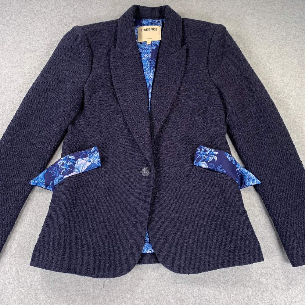 L'AGENCE Navy Tweed Blazer Jacket Women's Size 4 Blue Floral Lining - Picture 2 of 12